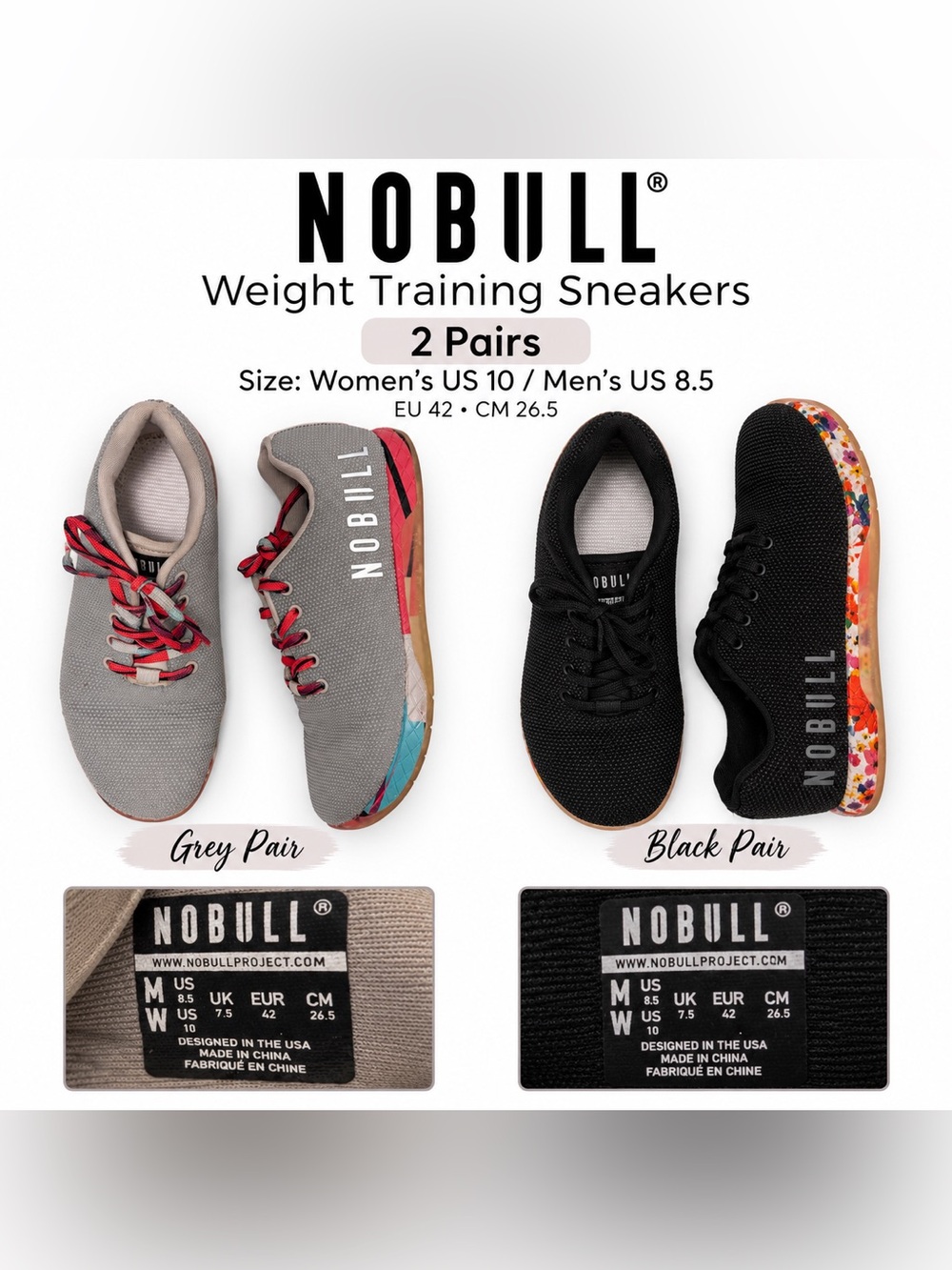 NOBULL US 10 Women's Grey and Black Weight Training Sneakers - both mens 8.5
